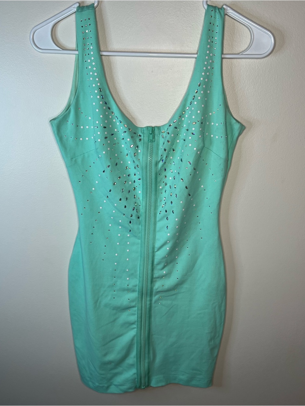 bebe Mint Green Mini Dress with Rhinestone Accents
